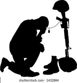 black and white vector silhouette graphic depicting a soldier kneeling at a memorial to fallen comrade