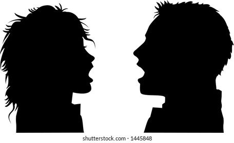 black and white vector silhouette graphic depicting a man and a woman arguing