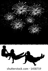 black and white vector silhouette graphic depicting a people watching a fireworks display