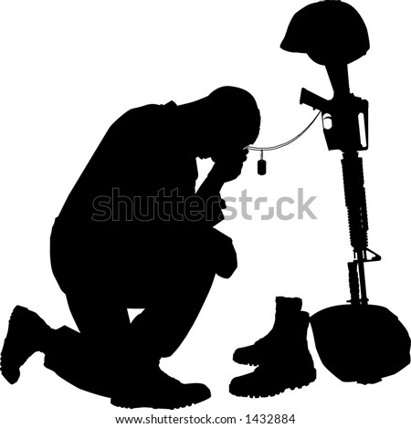 black and white vector silhouette graphic depicting a soldier kneeling at a memorial to fallen comrade