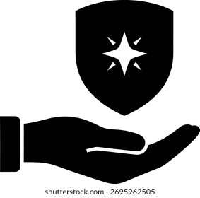 Uma silhueta vetorial em preto e branco de escudo de mão que simboliza proteção, cuidado e segurança. Perfeito para recursos visuais de segurança, seguro e gerenciamento de riscos.
