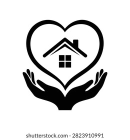 Black and white vector silhouette of hands holding a large heart containing a house, symbolizing home care, real estate, and family protection.