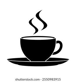 Un ícono de silueta de Vector blanco y negro de una simple taza de cerámica llena de su bebida caliente favorita, como café, té o capuchino.