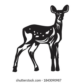 black and white vector silhouette illustration of a fawn, an editable deer