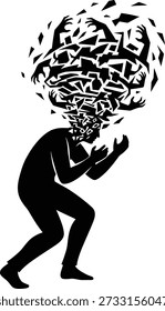 Black and white vector silhouette illustration of a person overwhelmed by anxiety burnout and mental overload with abstract shards for mental health awareness therapy and psychology use
