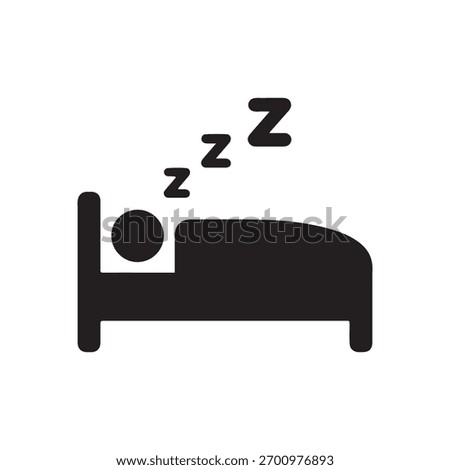 A black and white vector silhouette image depicts a person sleeping soundly in a bed with three Zzz symbols floating above their head, indicating sleep.