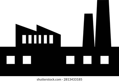 A black and white vector silhouette of an industrial factory building with a smokestack and windows