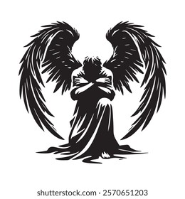 Black and white vector silhouette of kneeling fallen angel with large wings. Isolated fallen angel illustration on white background