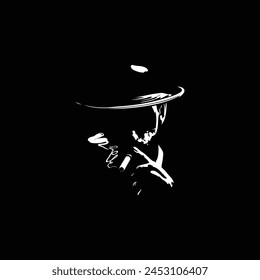 black and white vector silhouette of a man in a hat smoking isolated on black