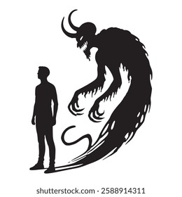 Black and white vector silhouette of a man stands beside a large horned demon with sharp claws and a long flowing tail. Isolated design on white background.