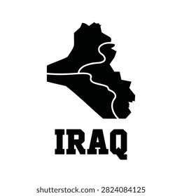 Black and white vector silhouette map of Iraq highlighting the major Tigris and Euphrates rivers, with bold typography below.