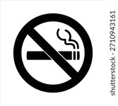Black and white vector silhouette of a no smoking sign typically found in public buildings. A circular no smoking sign with a cigarette black silhouette.. 