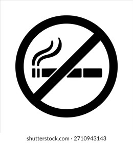 Silhueta de vetor preto e branco de um sinal de não fumar tipicamente encontrado em edifícios públicos. Um sinal circular de proibição de fumar com uma silhueta preta de cigarro. 