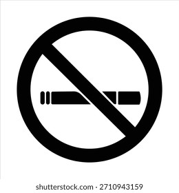 Silhueta de vetor preto e branco de um sinal de não fumar tipicamente encontrado em edifícios públicos. Um sinal circular de proibição de fumar com uma silhueta preta de cigarro. 