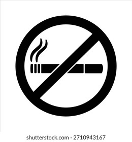 Silhueta de vetor preto e branco de um sinal de não fumar tipicamente encontrado em edifícios públicos. Um sinal circular de proibição de fumar com uma silhueta preta de cigarro. 