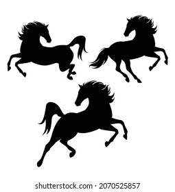 black and white vector silhouette outline set of prancing, jumping and running wild horses