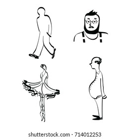 Black and white vector silhouette of people - walking man, hipster with beard and mustache, ballerina, pot-bellied bald man