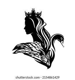 black and white vector silhouette portrait of fairy tale queen or princess wearing royal crown with her magic swan bird head and wing 