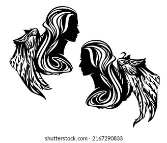 black and white vector silhouette portrait of beautiful angel woman head with long gorgeous hair wave falling down and bird wings