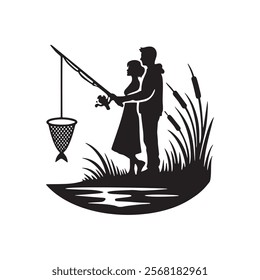 Black and white vector silhouette of a romantic love couple fishing together by a lake. Isolated love pair silhouettes illustration on white background. Nature.