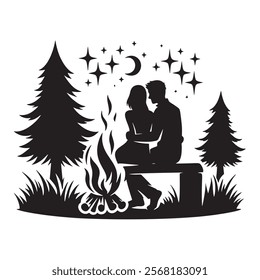 Black and white vector silhouette of a romantic love couple sitting by a campfire under a starry night sky. Isolated love couple silhouettes illustration on white background. Love pair. Nature.