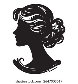 Uma silhueta vetor preto e branco de um design cameo romântico com charme vintage em um fundo branco.