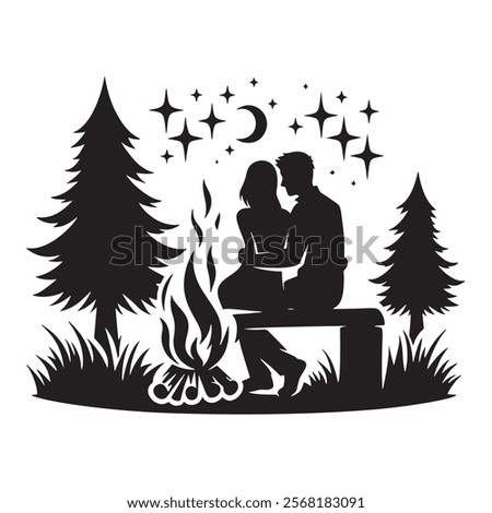 Black and white vector silhouette of a romantic love couple sitting by a campfire under a starry night sky. Isolated love couple silhouettes illustration on white background. Love pair. Nature.