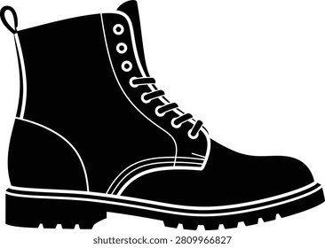 A black and white vector silhouette of a rugged combat boot, featuring laces and a thick treaded sole, isolated on a white background.