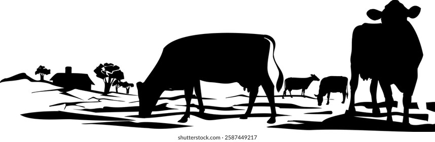 Black and white vector silhouette of a rural landscape with 4 cows grazing in a meadow with a country house in the background with some trees