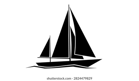 A black and white vector silhouette of a sailboat with two masts sailing on waves, isolated on a white background