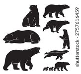 black and white vector silhouette set of polar bear