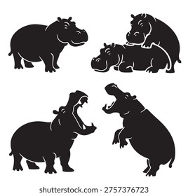 Conjunto de silueta de Vector blanco y negro de Hipopótamo