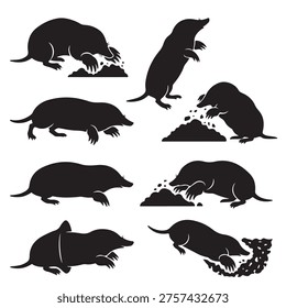 black and white vector silhouette set of Mole