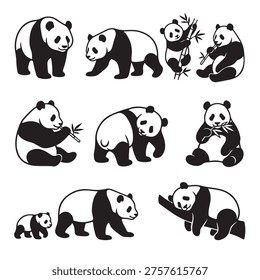 black and white vector silhouette set of panda bear