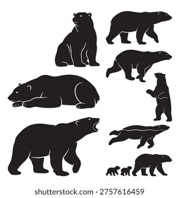 black and white vector silhouette set of polar bear