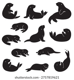 black and white vector silhouette set of sea otter