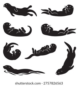 black and white vector silhouette set of sea otter 