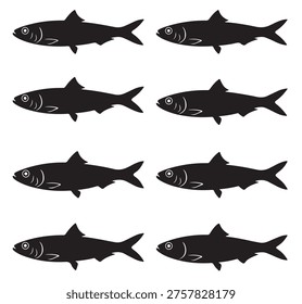 black and white vector silhouette set of sardine fish