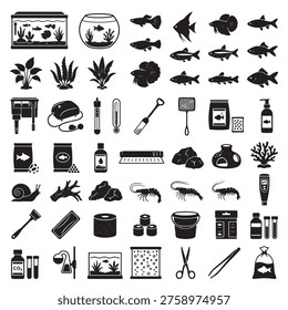 black and white vector silhouette set of fishkeeping