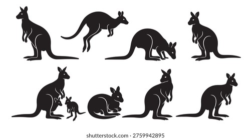 black and white vector silhouette set of wallaby