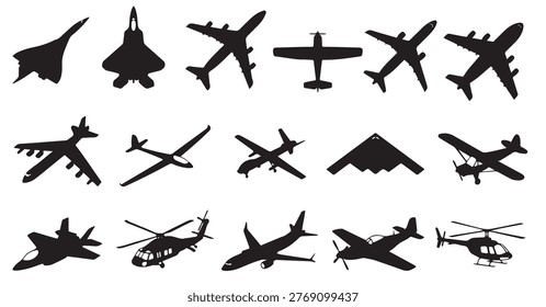 black and white vector silhouette set of Aircraft