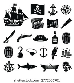 black and white vector silhouette set of pirate things