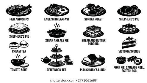 black and white vector silhouette set of traditional english food