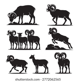 black and white vector silhouette set of european mouflon