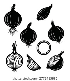 black and white vector silhouette set of onion