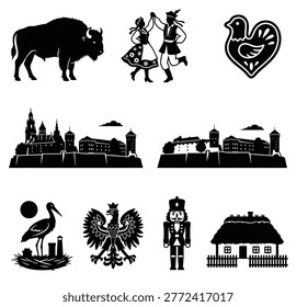 black and white vector silhouette set of traditional poland things