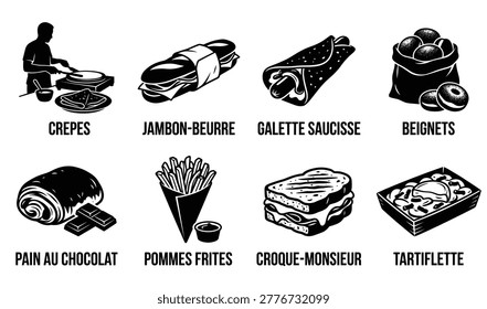 black and white vector silhouette set of traditiinal french streetfood