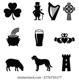 black and white vector silhouette set of ireland things