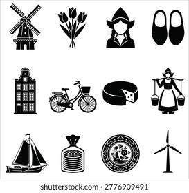 black and white vector silhouette set of dutch things