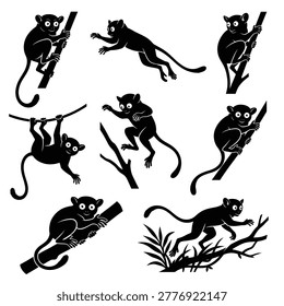 black and white vector silhouette set of tarsier monkey.